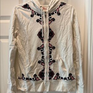 Lucky Brand Cream Hoodie with Navy and Pink Embroidery